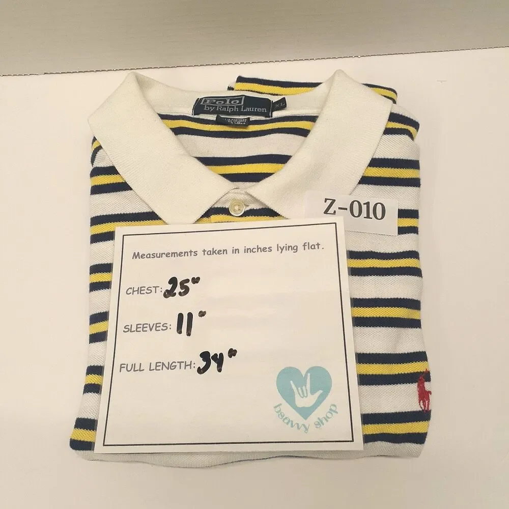 Polo Ralph Lauren Men Sz XL Polo Blue White Yellow Stripe Short Sleeve Shirt